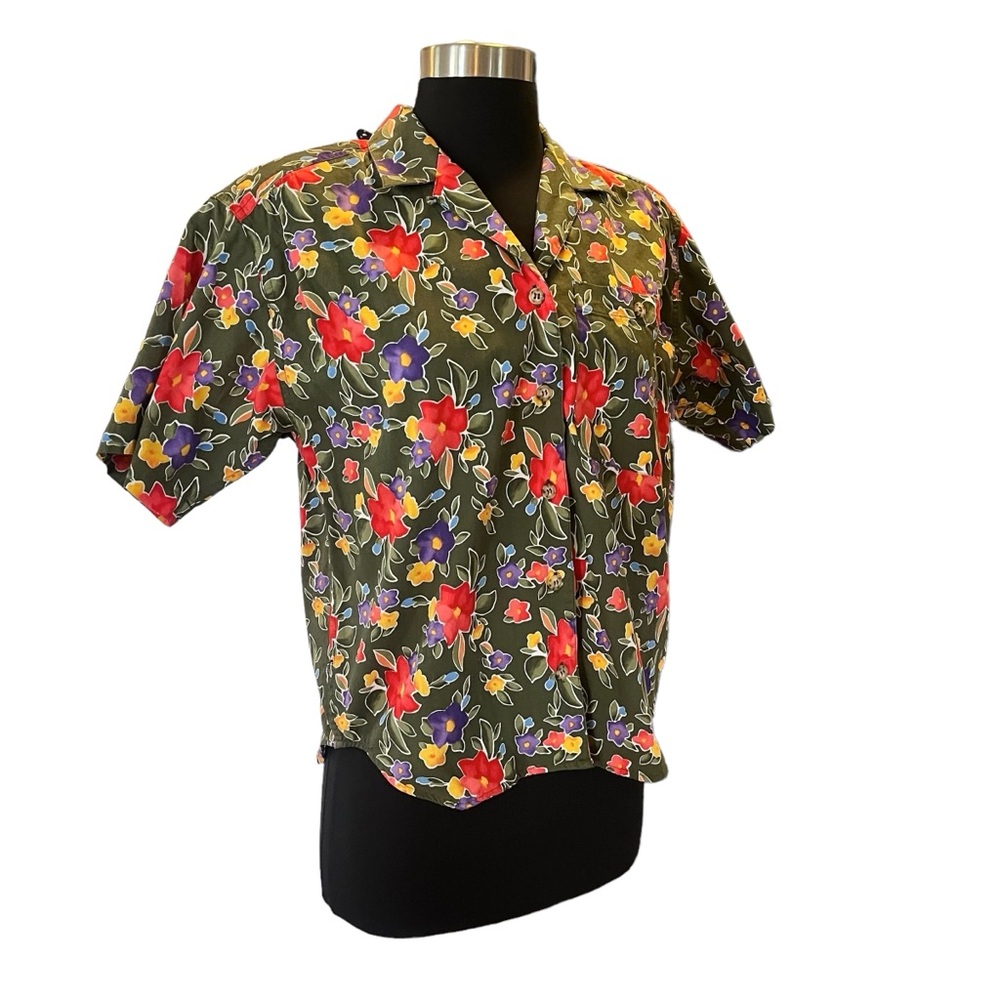 Vintage Lizsport green floral button up short sleeve shirt SP - Picture 3 of 12